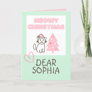 Carte Joli Chat dans un Chapeau & Arbre Joyeux Noël Past