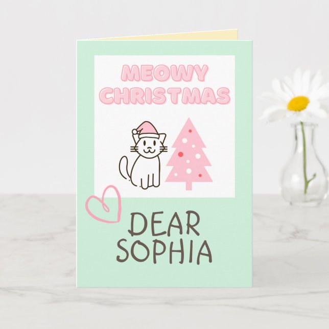 Carte Joli Chat dans un Chapeau & Arbre Joyeux Noël Past (Petite plante)