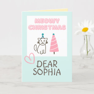 Carte Joli Chat dans un Chapeau & Arbre Joyeux Noël Past