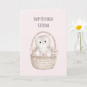 Carte Joli Chat dans un Panier Roses Roses Blush Fête d'