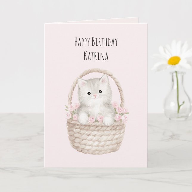 Carte Joli Chat dans un Panier Roses Roses Blush Fête d' (Petite plante)