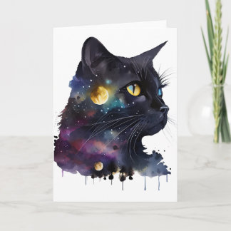 Carte Joli Chat de l'Espace à l'Aquarelle Cosmique Noir