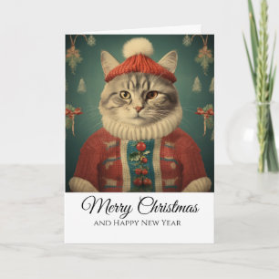Carte Joli chat drôle en costume Joyeux Noël 