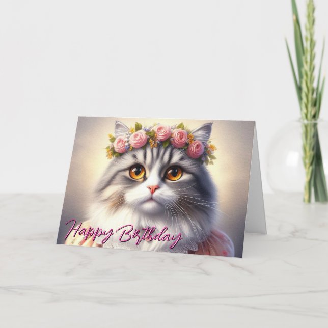 Carte Joli Chat en Robe et Couronne Anniversaire (Devant)