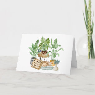 Carte Joli chat endormi aquarelle et plantes d'intérieur