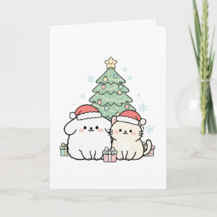 Carte Joli Chat et Chien de Noël Kawaii Fête de Fêtes