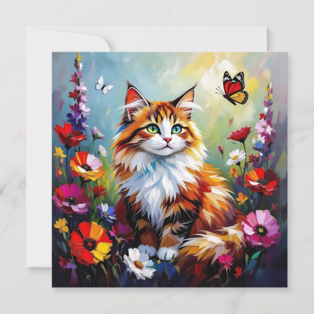 Carte Joli chat fantaisiste, fleurs et papillons (Devant)