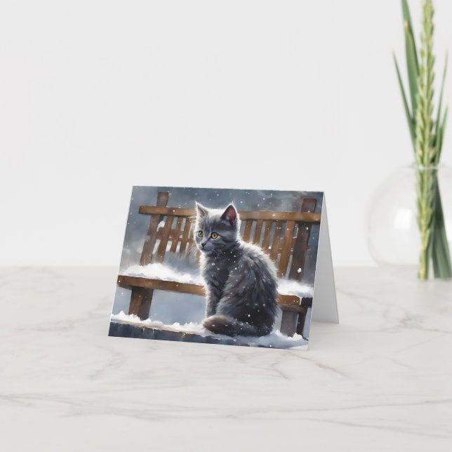 Carte Joli chat gris sur un banc en hiver - Bonjour neig (Devant)