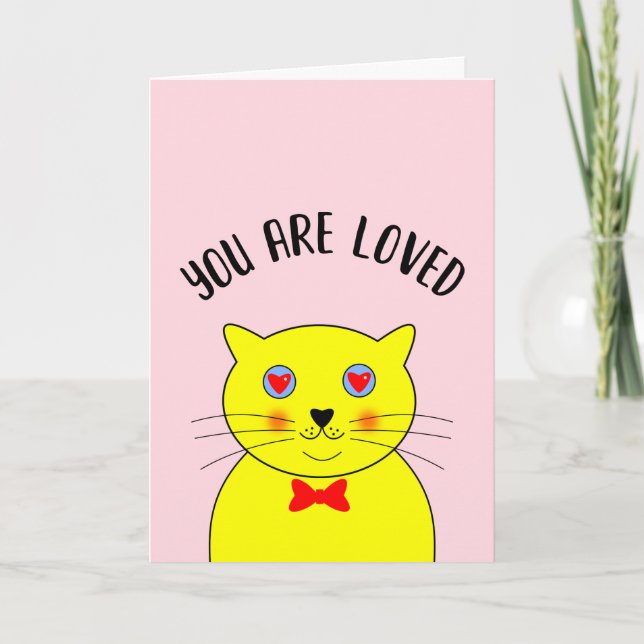 Carte Joli Chat Jaune Gras Coeurs Rouges Amour (Devant)