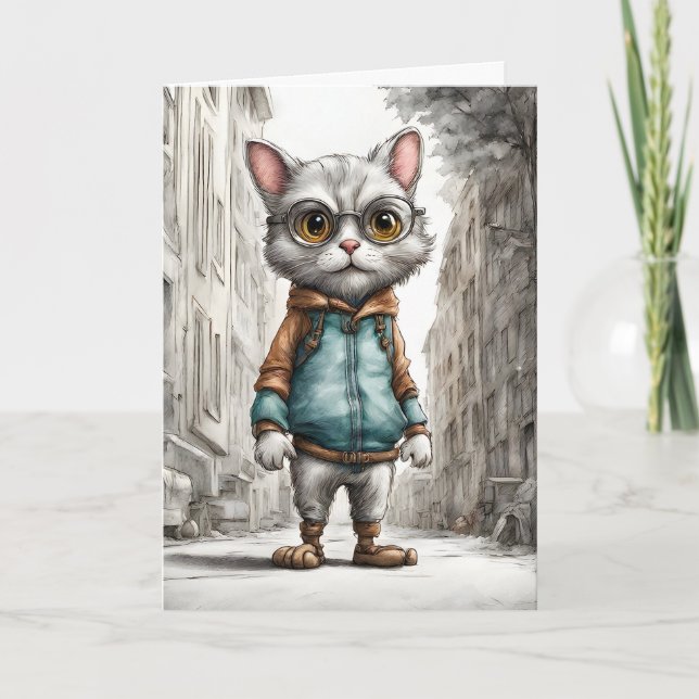 Carte Joli Chat Mignon pour une Promenade Fond Blanc (Devant)