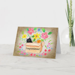 Carte Joli Chat Noir dans une Boîte Florale Félicitation