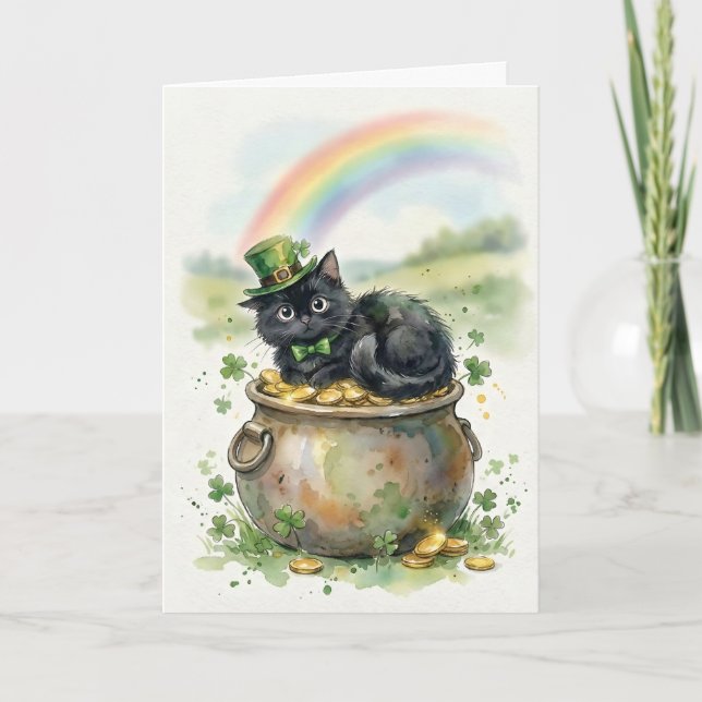 Carte Joli Chat Noir de la Saint-Patrick Pot d'Or (Devant)