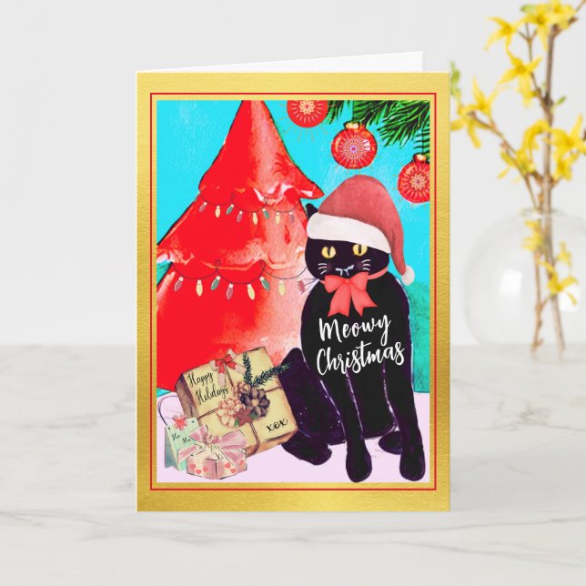 Carte Joli Chat Noir Vintage Noël Miaou (Fleur jaune)
