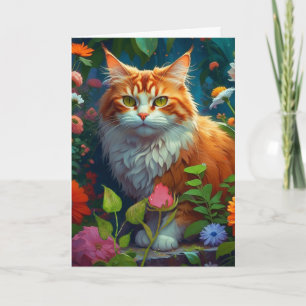 Carte Joli Chat Orange dans les Fleurs Pensant à Vous