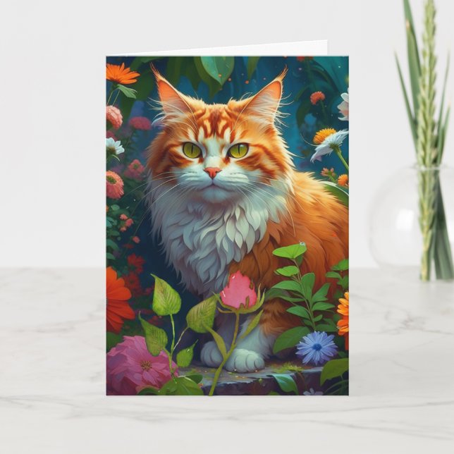 Carte Joli Chat Orange dans les Fleurs Pensant à Vous (Devant)