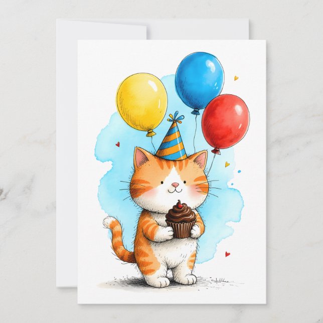 Carte Joli Chat Orange, Joyeux Anniversaire Cupcake Kid  (Devant)
