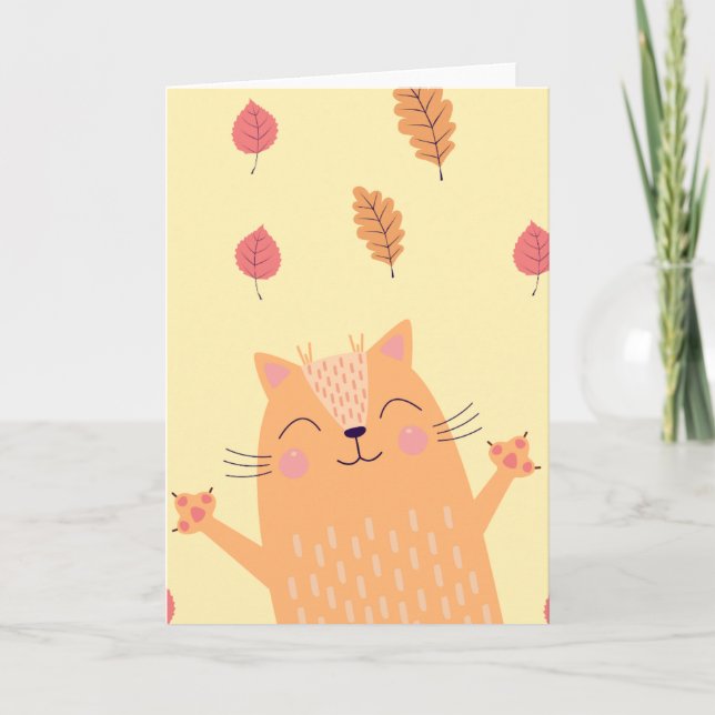 Carte Joli chat orange roux jouant dans les feuilles d'a (Devant)