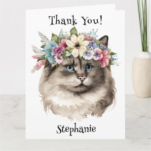 Carte Joli chat Ragdoll floral Merci personnalisé