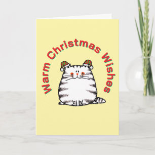 Carte Joli Chat Rond Deux Chapeaux de Noël Vœux Chaleure