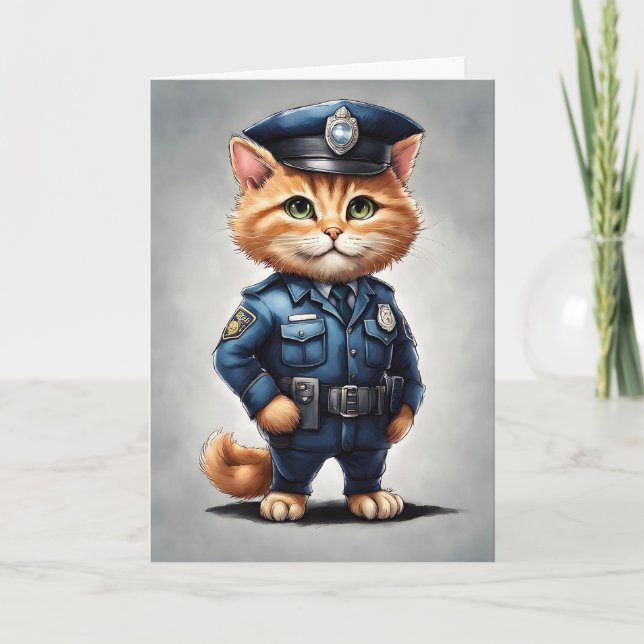 Carte Joli chat tigré orange en uniforme de police aquar (Devant)