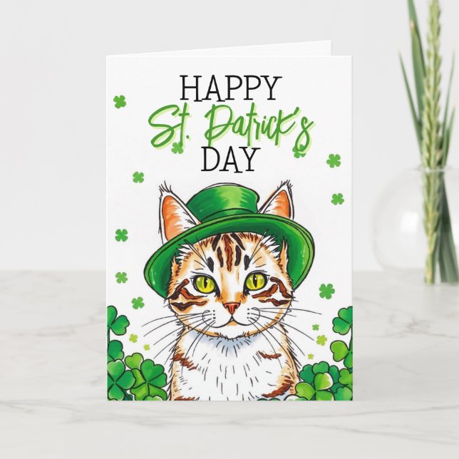 Carte Joli Chat Vert avec Trèfles Fête de la Saint-Patri (Devant)