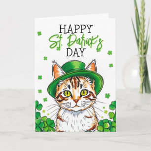 Carte Joli Chat Vert avec Trèfles Fête de la Saint-Patri