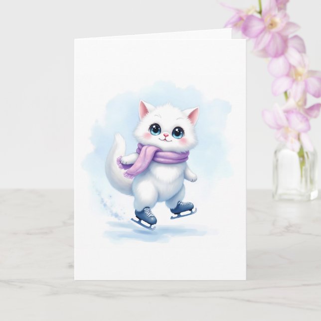 Carte Joli Chaton Blanc d'Hiver Patinant sur Glace Blank (Orchidée)