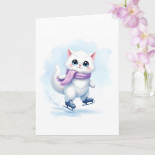 Carte Joli Chaton Blanc d'Hiver Patinant sur Glace Blank