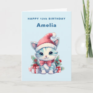 Carte Joli chaton en chapeau de Père Noël pour l'anniver