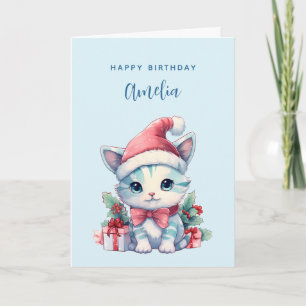 Carte Joli chaton en chapeau de Père Noël pour Noël et a