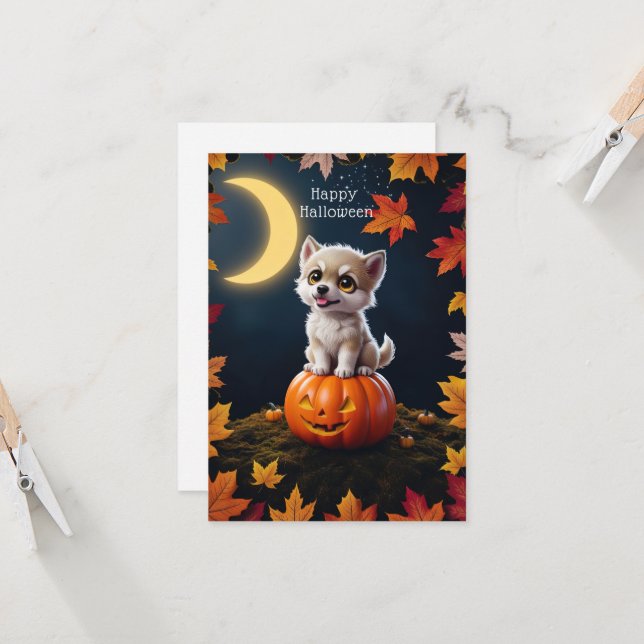 Carte Joli Chatons sur une Citrouille avec des Feuilles  (Devant/Arrière en situation)