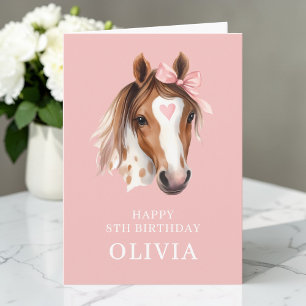 Carte Joli Cheval Aquarelle Ruban Rose Joyeux 8ème Anniv