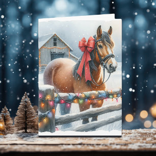 Carte Joli Cheval Brown avec Bow et Grange Noël