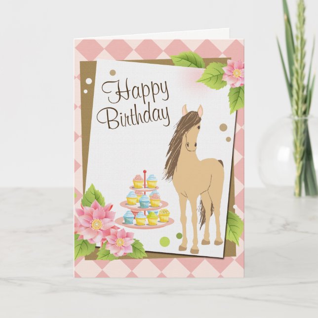 Carte Joli Cheval Brown et Fleurs Roses Joyeux Anniversa (Devant)