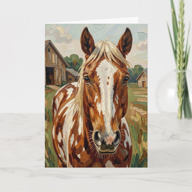 Carte Joli cheval brun et blanc | Joyeux Anniversaire (Devant)