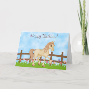 Carte Joli Cheval de Crème et Fleurs Joyeux Anniversaire