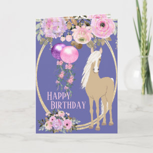 Carte Joli Cheval et Fleurs Pink Périwinkle Anniversaire
