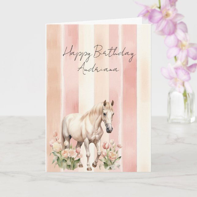 Carte Joli Cheval Fleur Rose Pêche Crème Anniversaire (Orchidée)