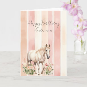 Carte Joli Cheval Fleur Rose Pêche Crème Anniversaire