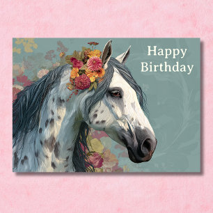 Carte Joli Cheval Gris et Fleurs Anniversaire Floral