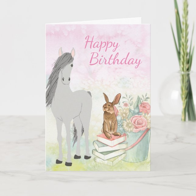 Carte Joli Cheval, lapin, Fleurs et Livres Anniversaire (Devant)