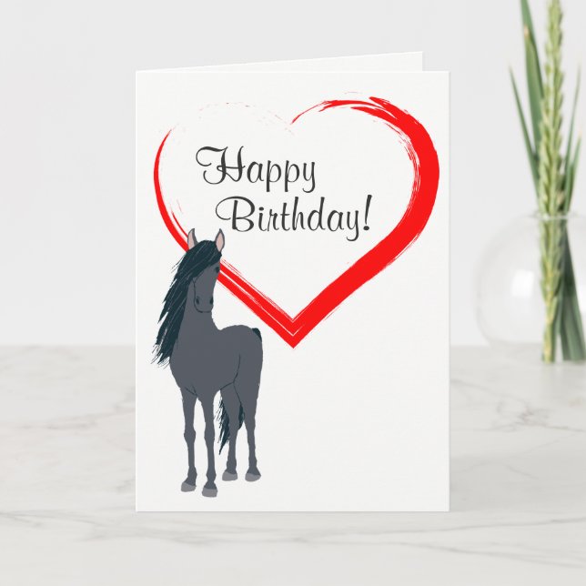 Carte Joli Cheval Noir et Coeur Rouge Joyeux anniversair (Devant)