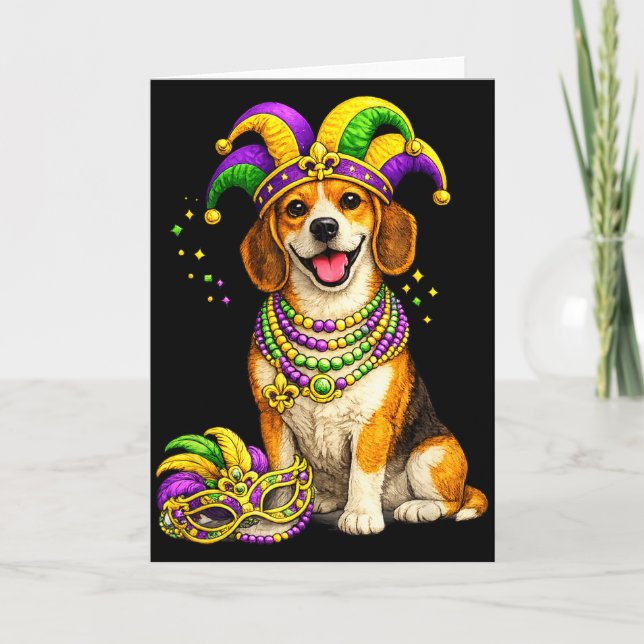 Carte Joli chien Beagle sur le thème de Mardi Gras  (Devant)
