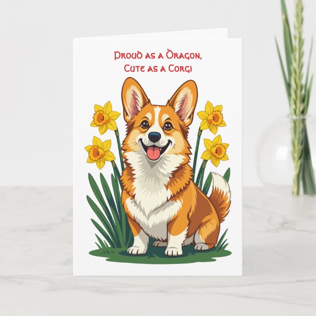 Carte Joli chien Corgi avec des jonquilles (Devant)