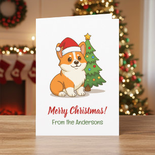 Carte Joli chien Corgi dans un chapeau rouge avec arbre