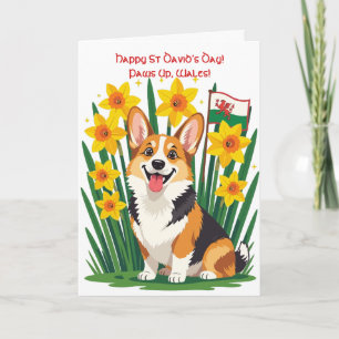 Carte Joli chien Corgi parmi les jonquilles soutenant le