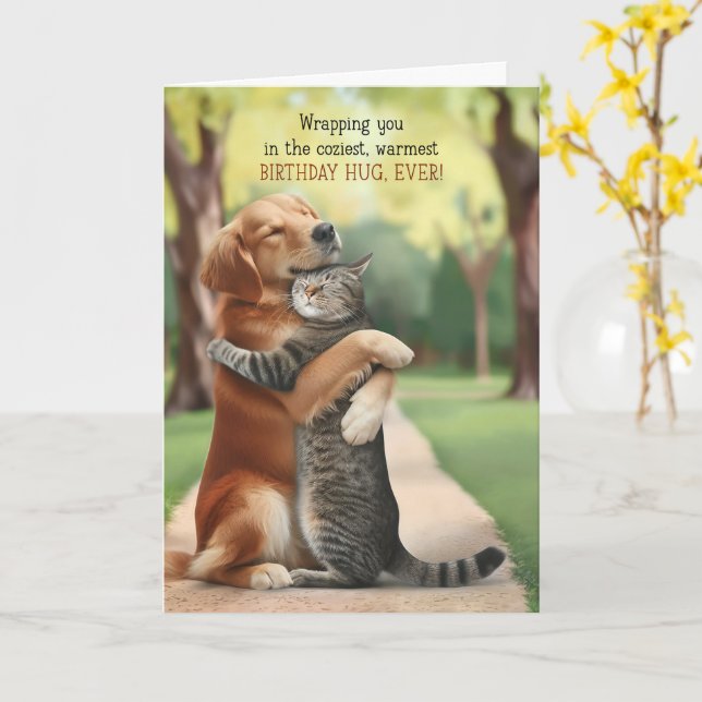 Carte Joli chien et chat s'étreignant dans un parc pour  (Fleur jaune)