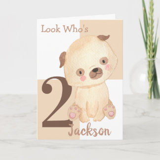 Carte Joli chiot à l'aquarelle nom personnalisé 2e anniv