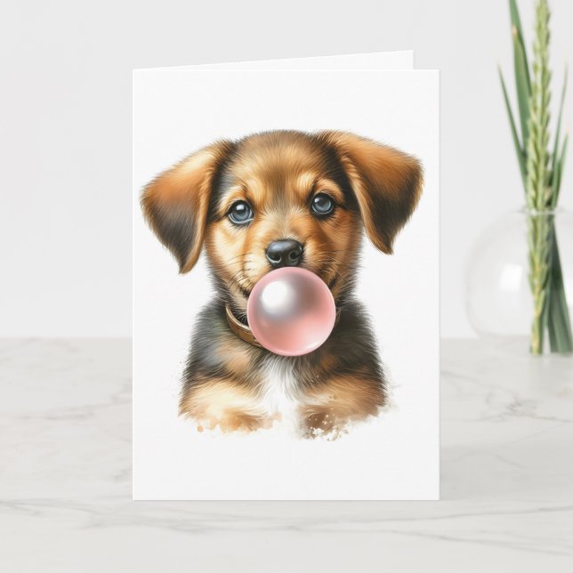 Carte Joli chiot brun soufflant du chewing-gum vierge (Devant)