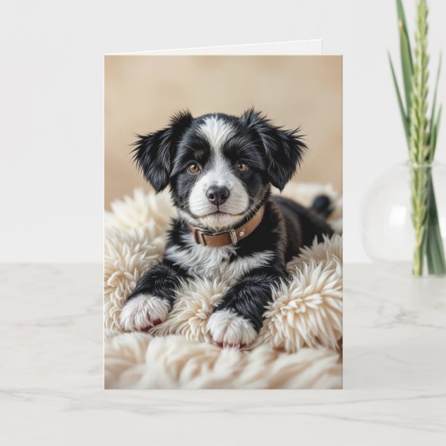 Carte Joli chiot d'anniversaire sur un Coussin de fourru (Devant)